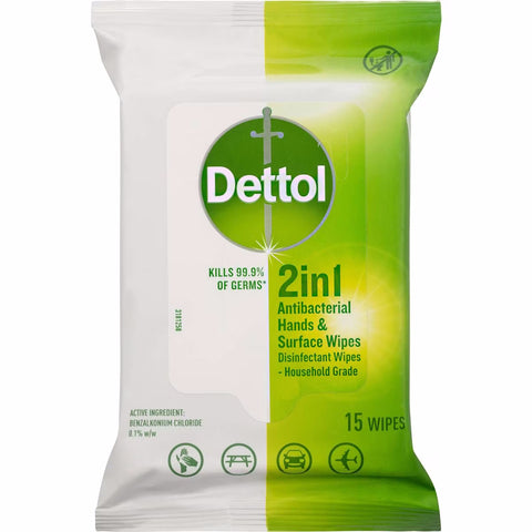 DETTOL 2IN1 HANDS & SURFACES ANTIBACTERIAL 15 WIPES