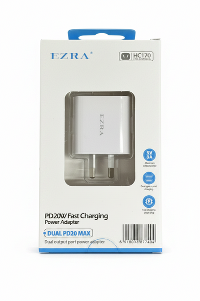 EZRA FAST CHARGING POWER ADAPTER DUAL TYPE C PD 20 W